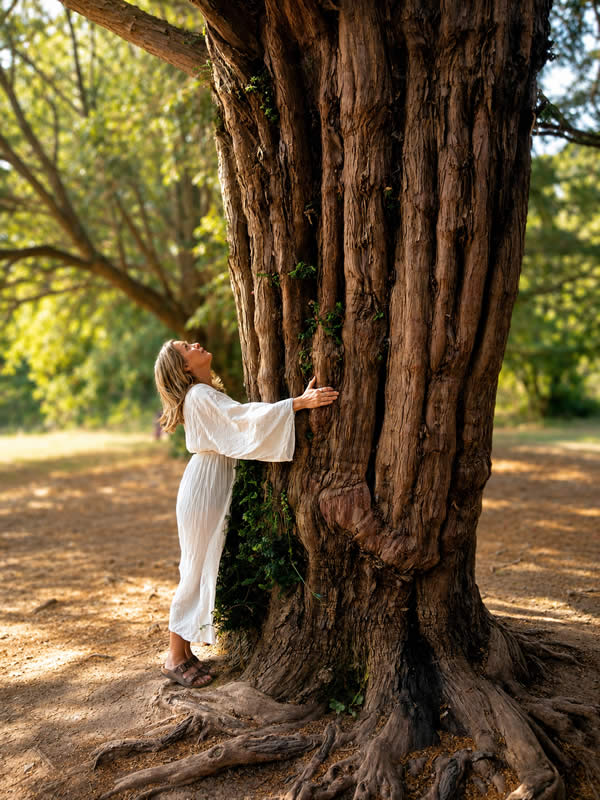 Heather hugging a tree in the woods